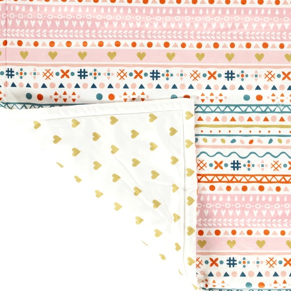 Oversized Plush Soft Blanket Baby Boho Metallic Hearts Reversible Pink & Orange - Picture 6 of 7